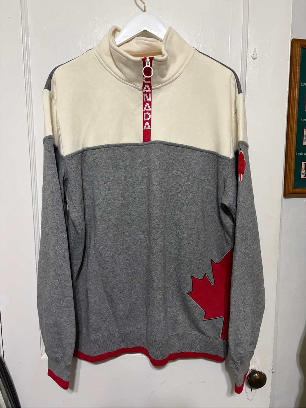 Canada Half-Zip Colorblock Sweater - Gray/Cream with Red Accents